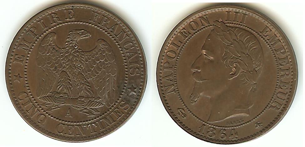 Cinq centimes Napoléon III, tête laurée 1864 Paris SUP++